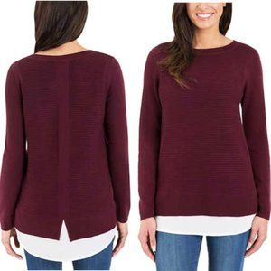 Hilary Radley Maroon Layered Chiffon Hem Sweater